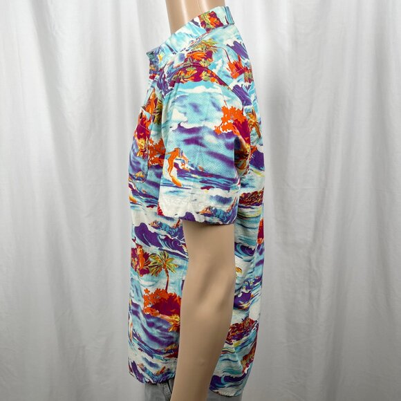 Artistry In Motion Men Medium Blue Tropical Islands Short Sleeve Button-Up Shirt - Picture 3 of 7